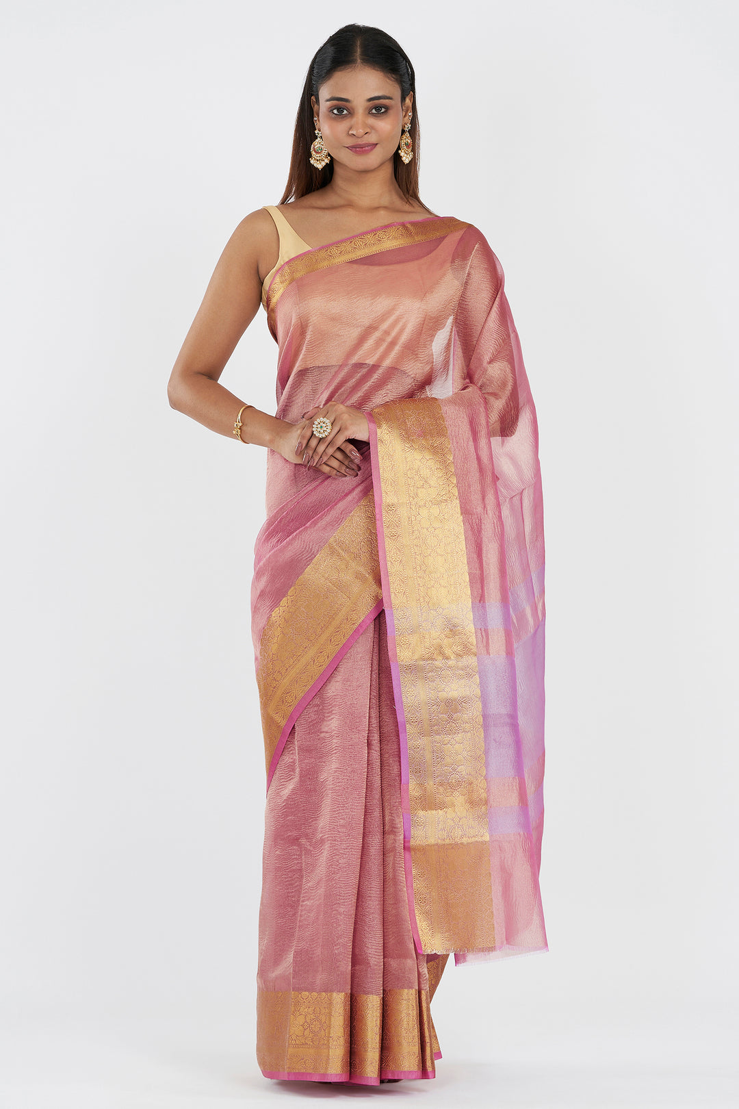 Teejh Riya light Pink Semi Crushed Tissue Silk Saree