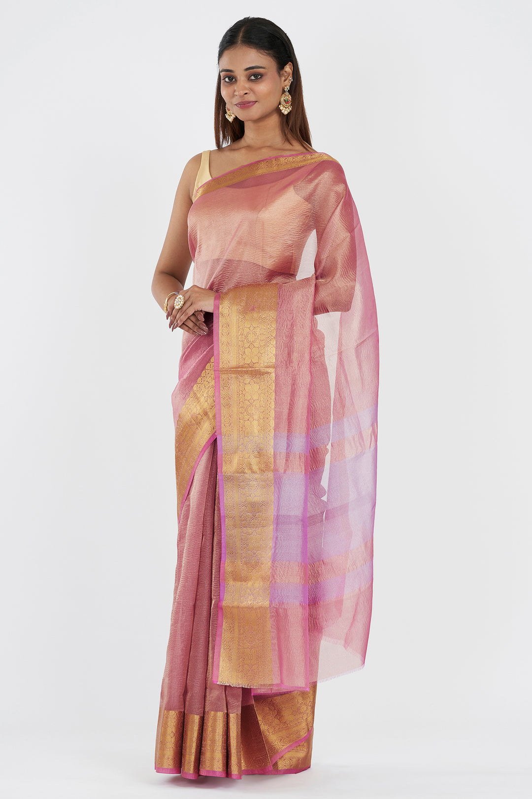 Teejh Riya light Pink Semi Crushed Tissue Silk Saree