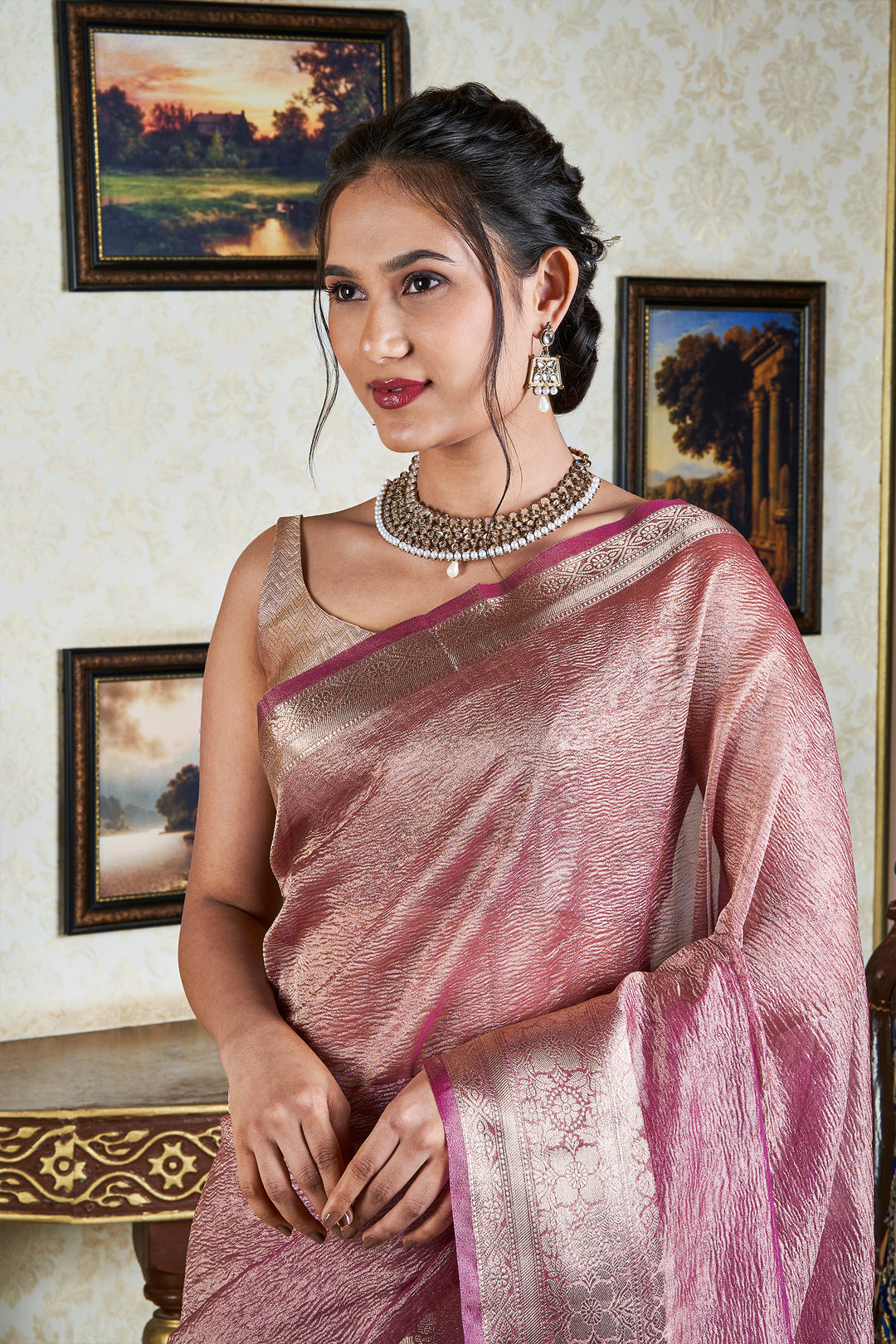 Teejh Ayra Onion Pink Semi Crushed Tissue Silk Saree