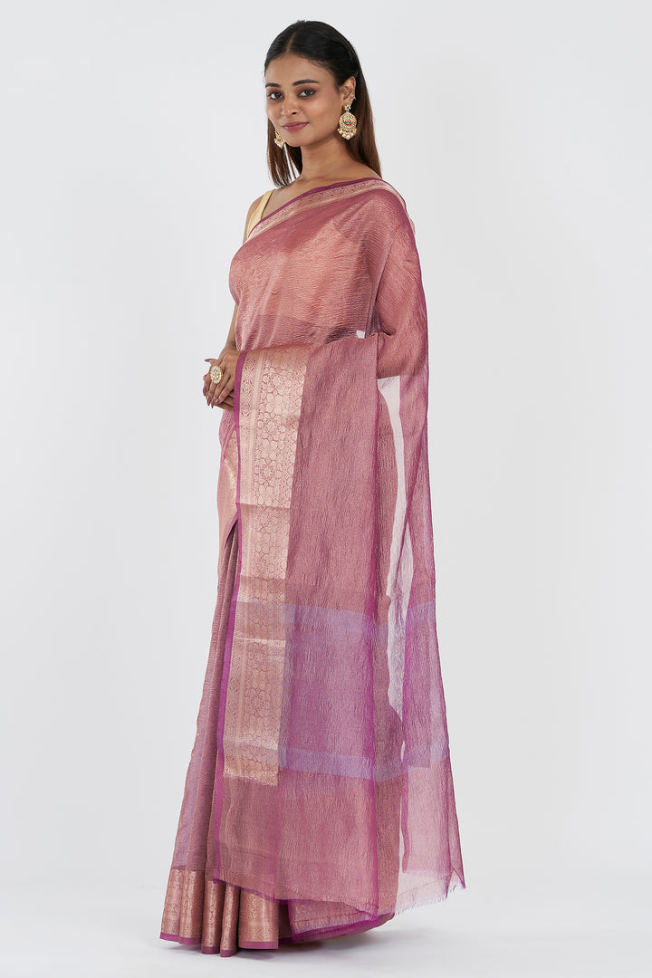 Teejh Ayra Onion Pink Semi Crushed Tissue Silk Saree