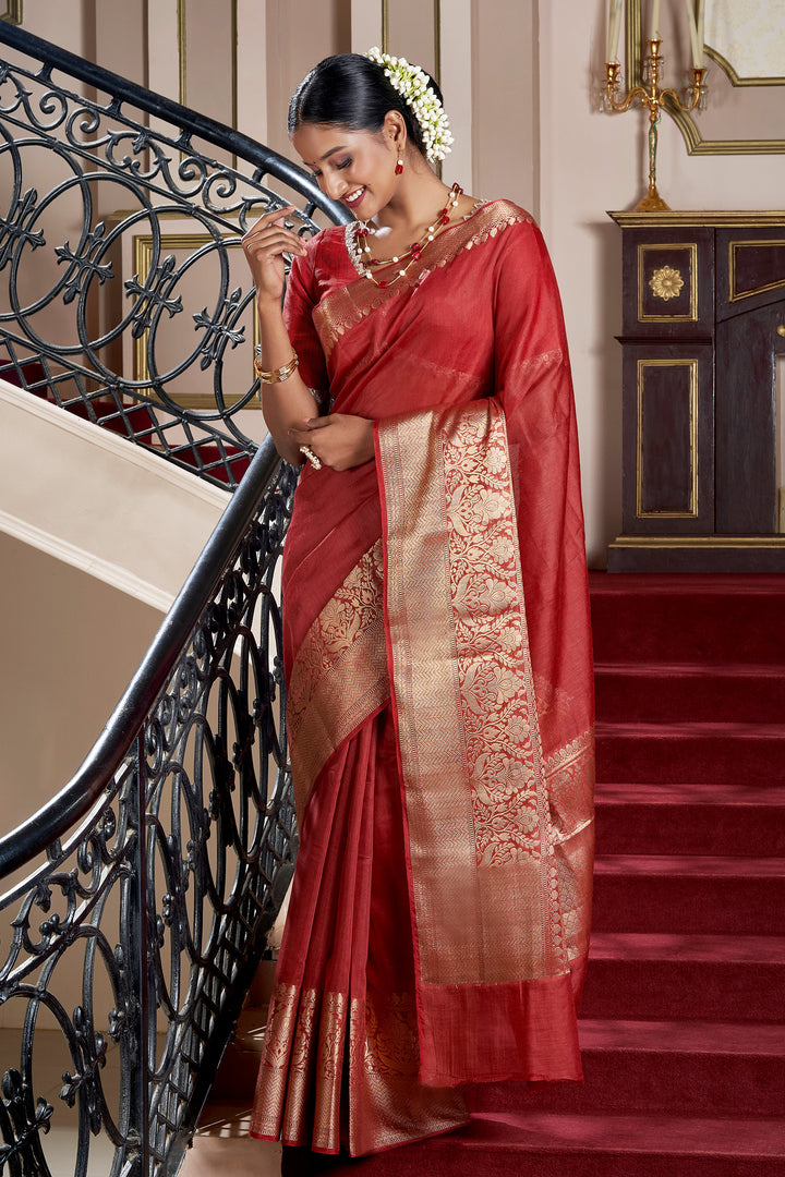 Teejh Narmi Deep Red Banarasi Silk Linen Saree