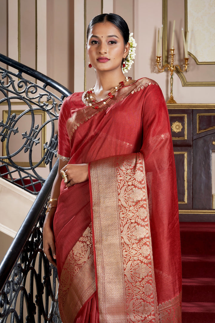 Teejh Narmi Deep Red Banarasi Silk Linen Saree