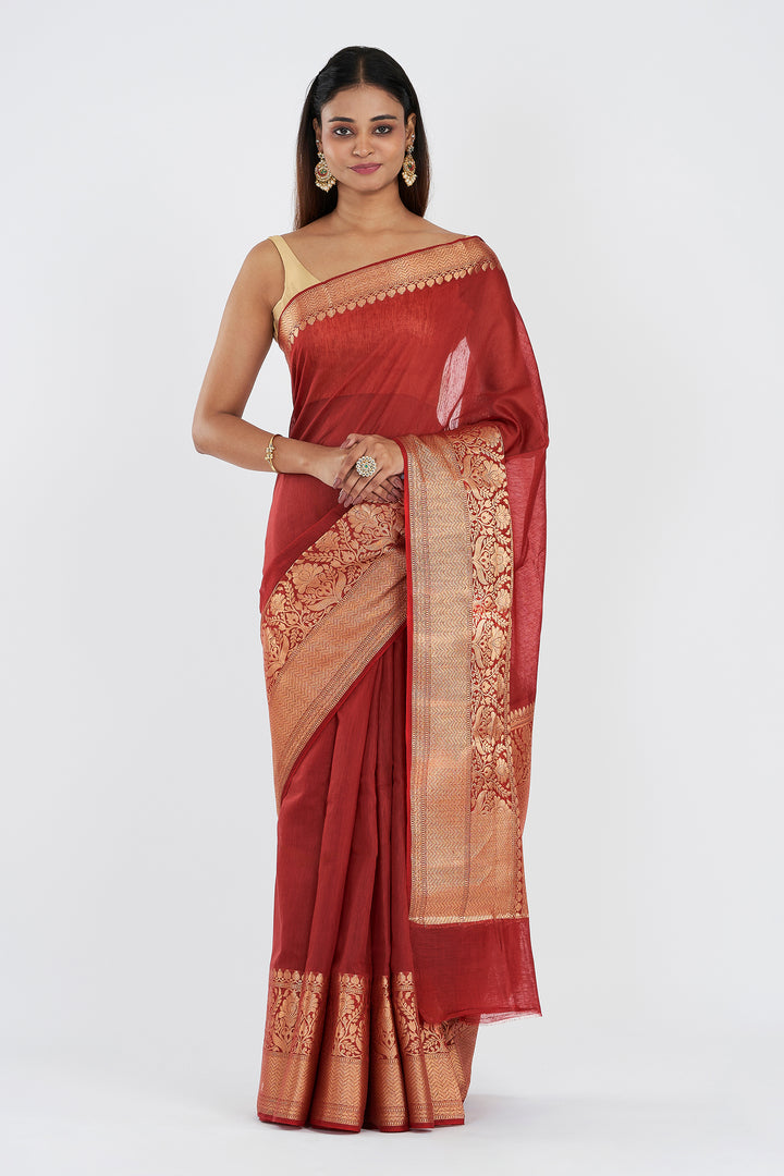 Teejh Narmi Deep Red Banarasi Silk Linen Saree