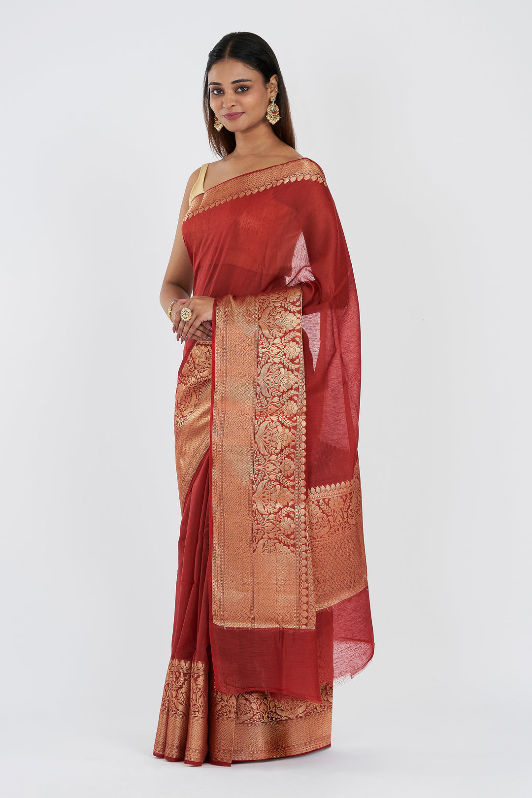 Teejh Narmi Deep Red Banarasi Silk Linen Saree