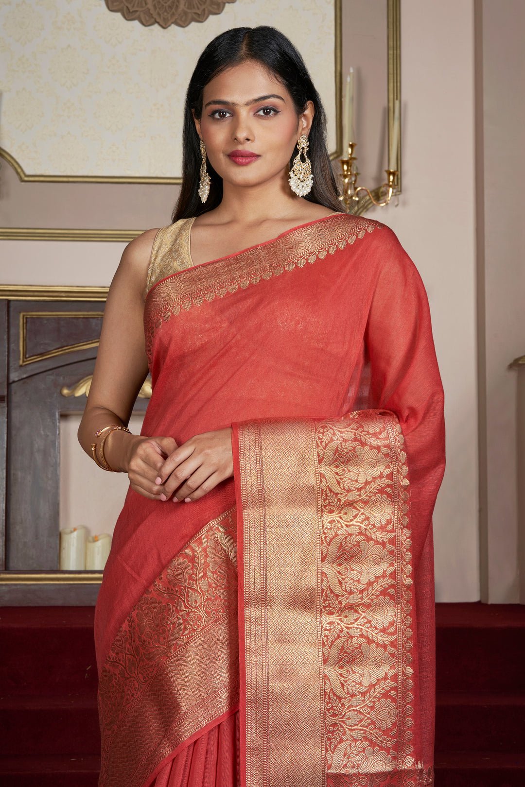 Teejh Vasu Tomato Red Banarasi Silk Linen Saree
