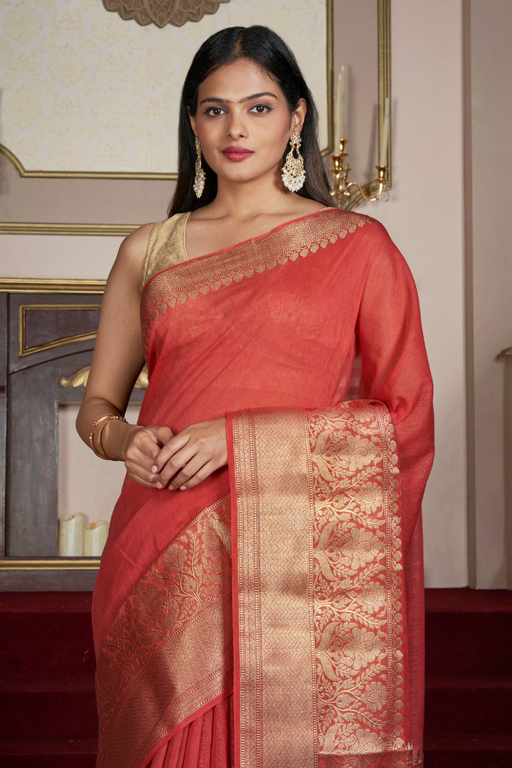 Teejh Vasu Tomato Red Banarasi Silk Linen Saree