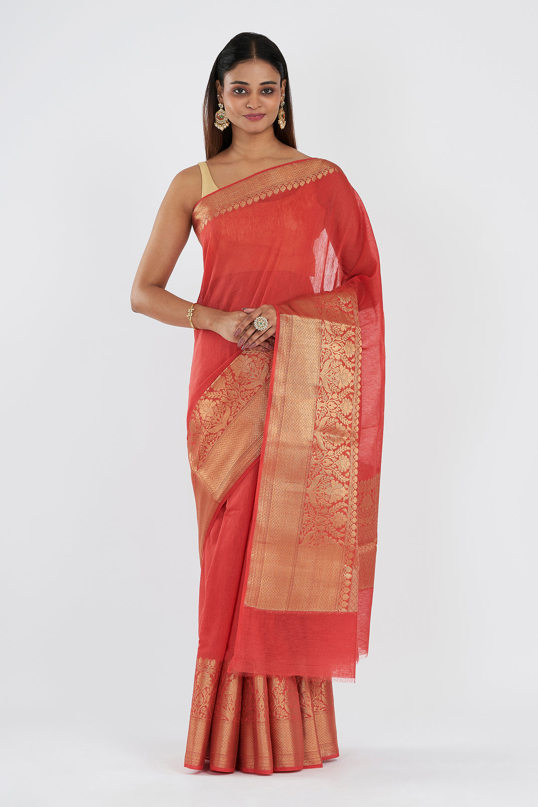 Teejh Vasu Tomato Red Banarasi Silk Linen Saree