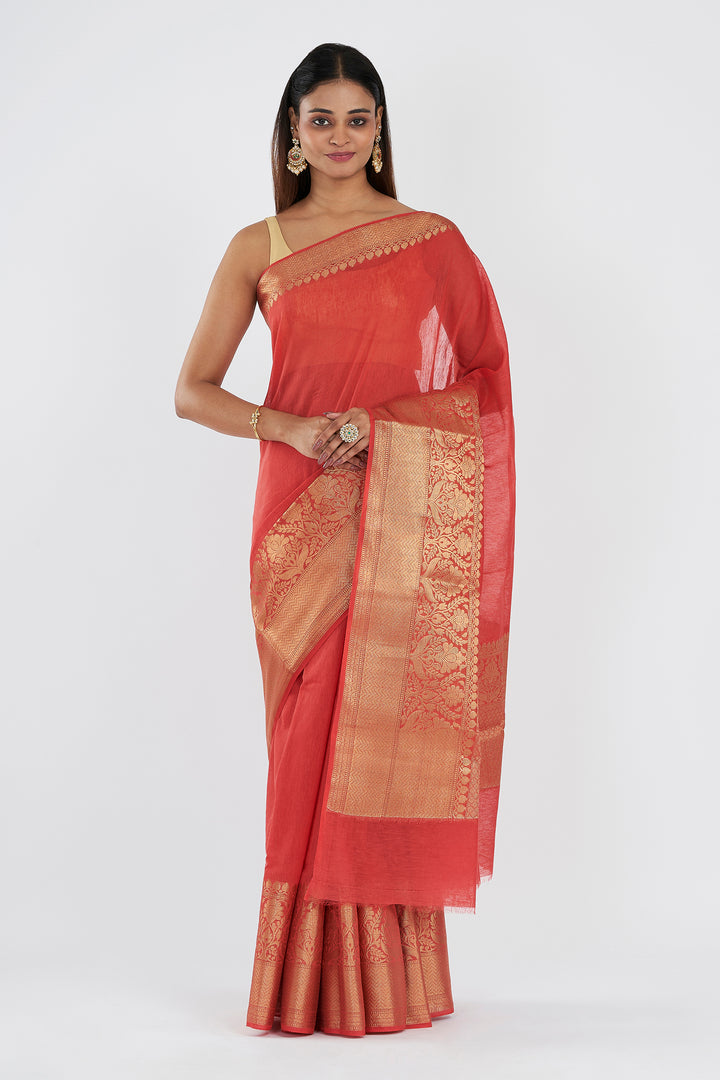 Teejh Vasu Tomato Red Banarasi Silk Linen Saree