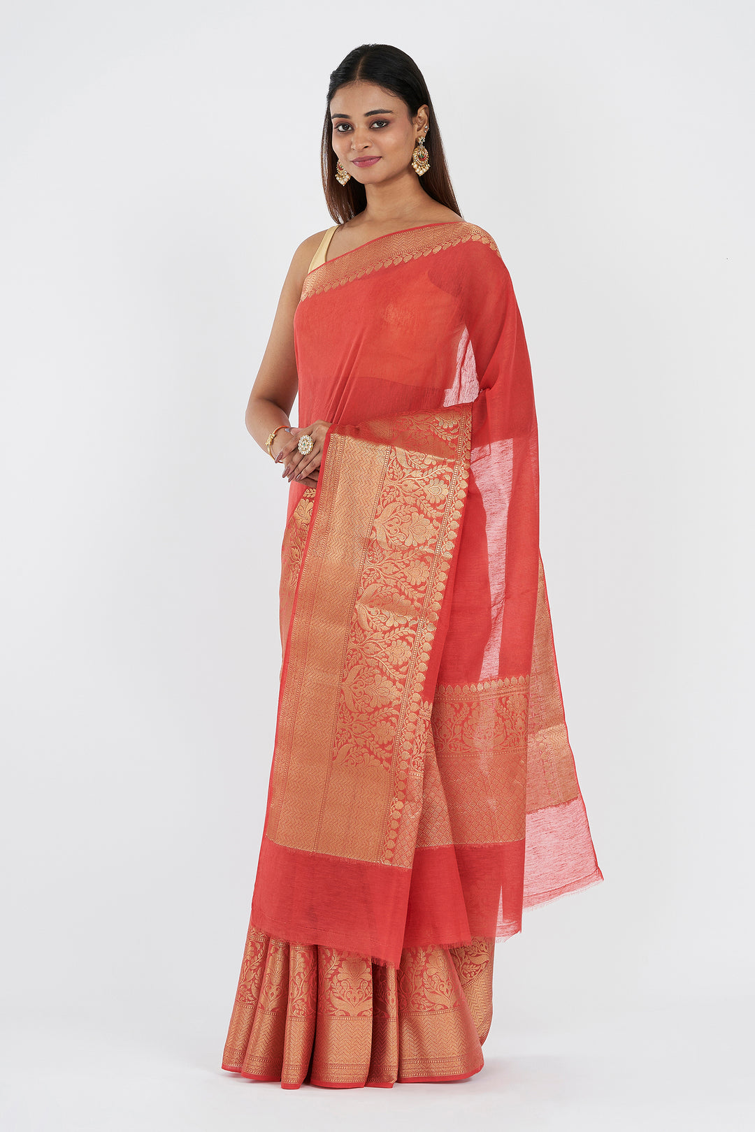 Teejh Vasu Tomato Red Banarasi Silk Linen Saree