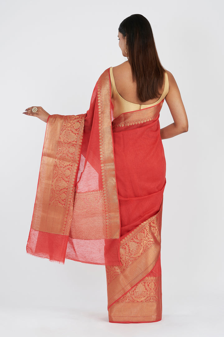 Teejh Vasu Tomato Red Banarasi Silk Linen Saree