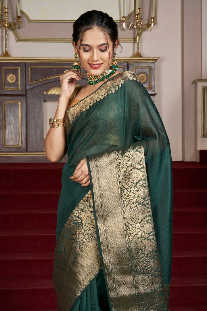 Teejh Reya Forest Green Banarasi Silk Linen Saree