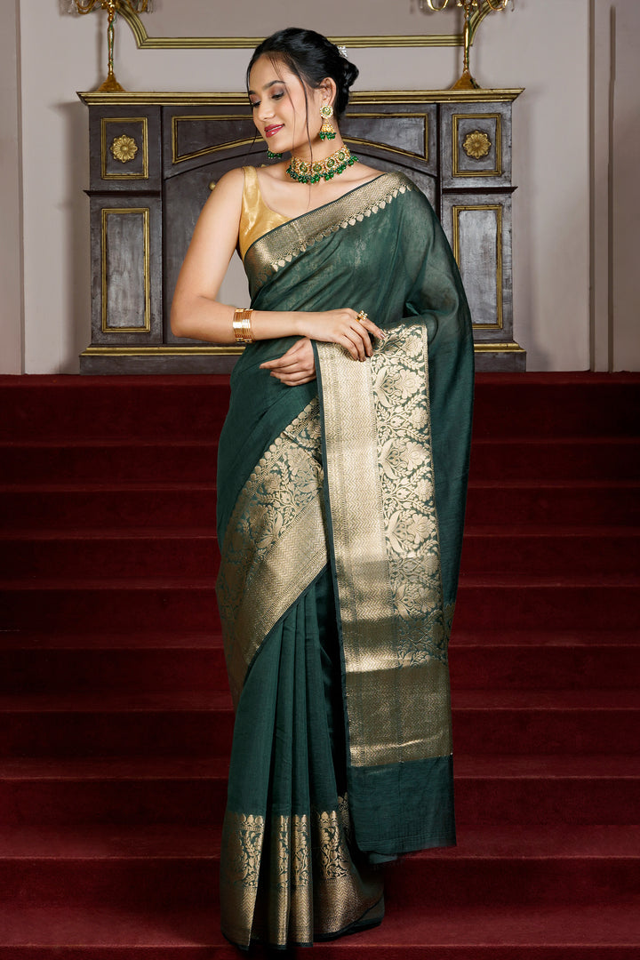 Teejh Reya Forest Green Banarasi Silk Linen Saree