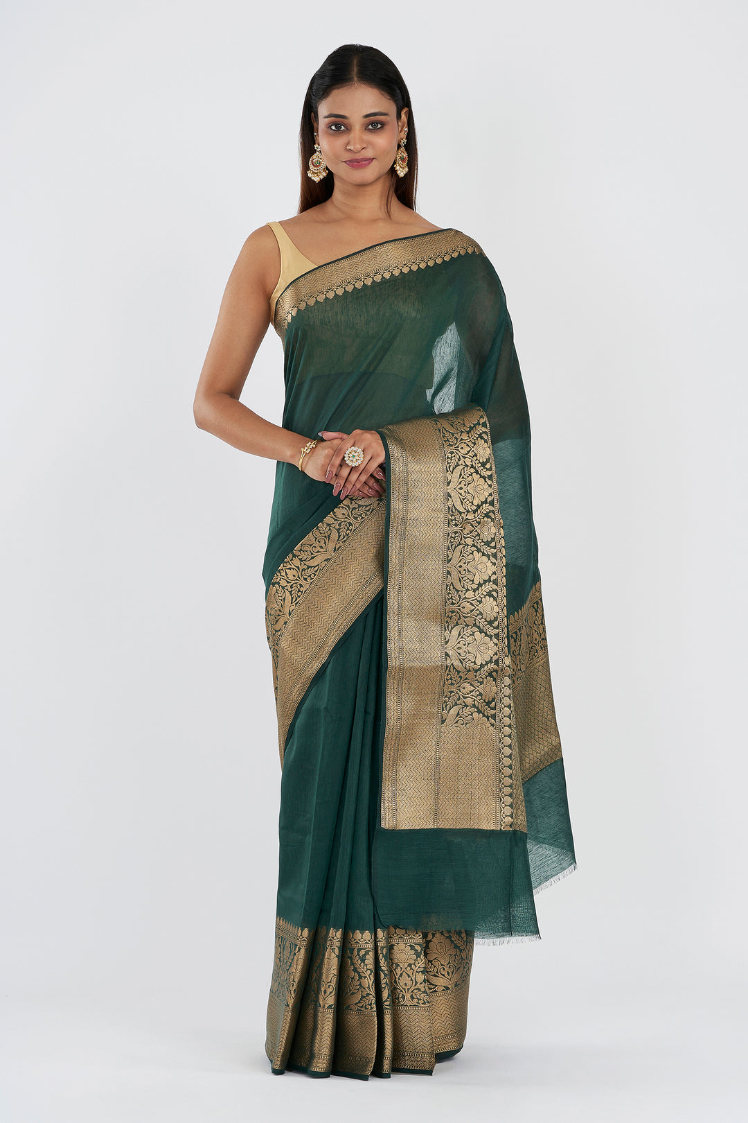 Teejh Reya Forest Green Banarasi Silk Linen Saree