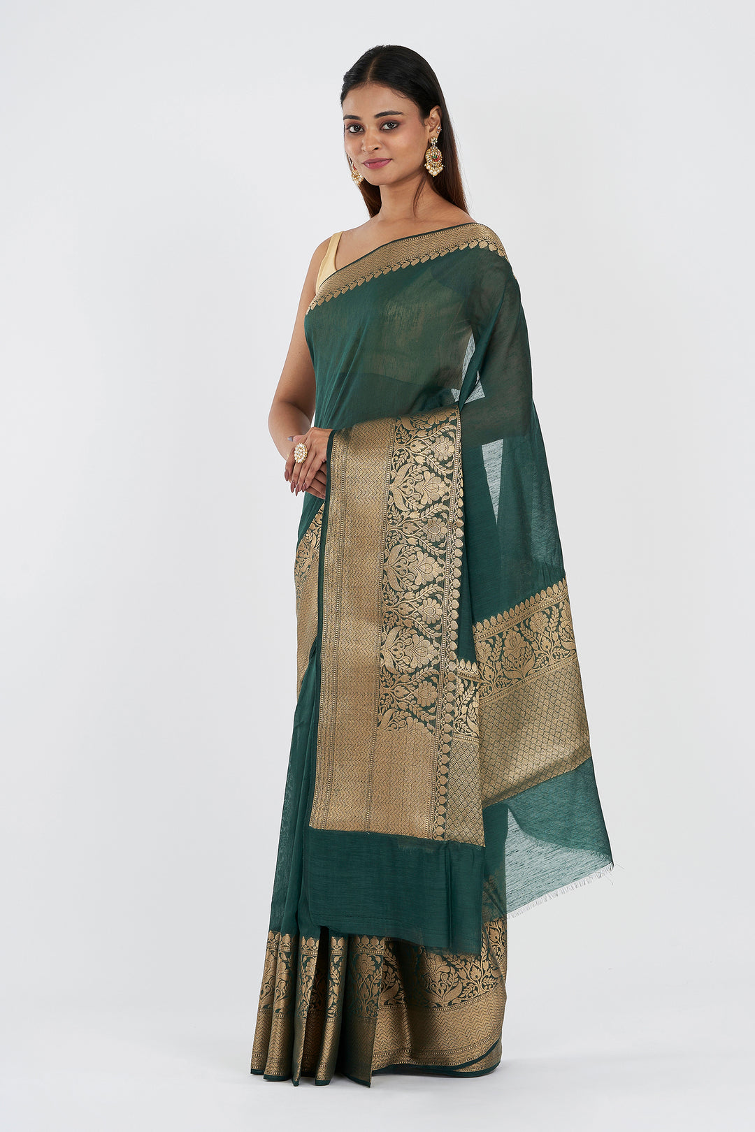 Teejh Reya Forest Green Banarasi Silk Linen Saree