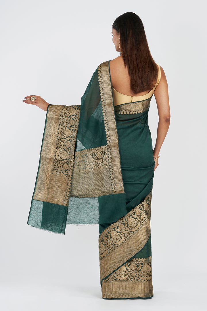 Teejh Reya Forest Green Banarasi Silk Linen Saree