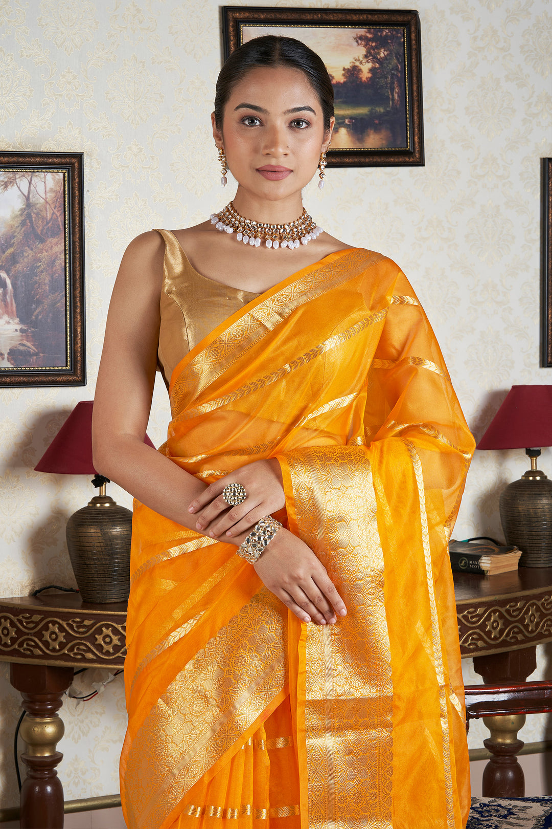 Teejh Bahmani Mustard Banarasi Semi Georgette Silk Saree