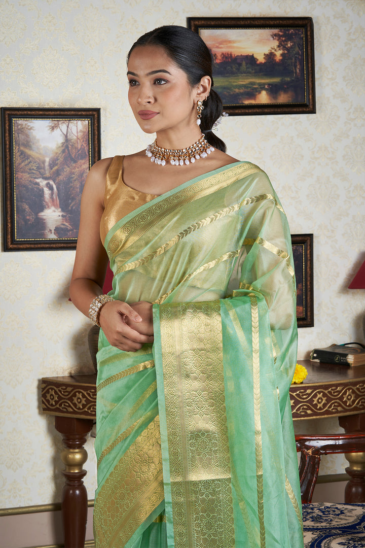 Teejh Haya Light Green Banarasi Semi Georgette Silk Saree