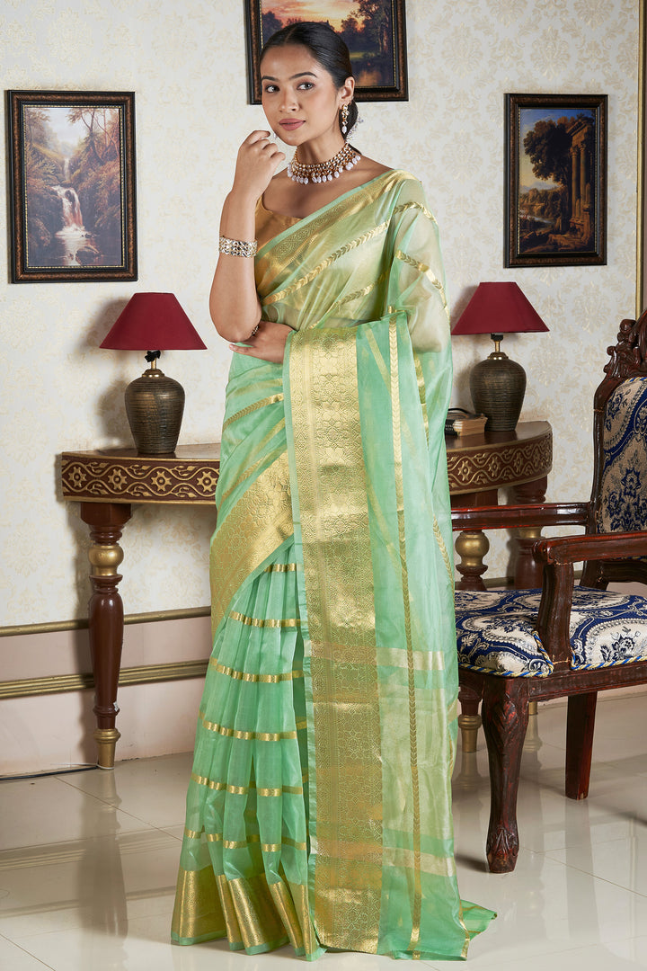 Teejh Haya Light Green Banarasi Semi Georgette Silk Saree