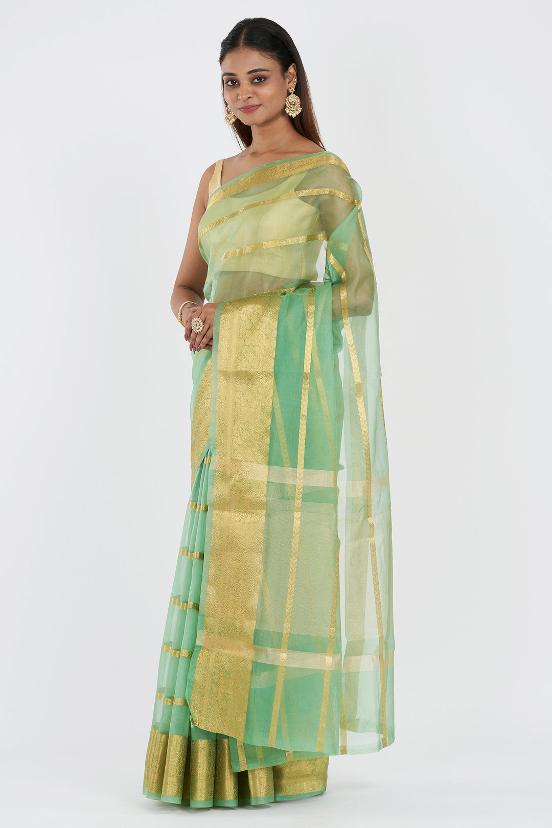 Teejh Haya Light Green Banarasi Semi Georgette Silk Saree