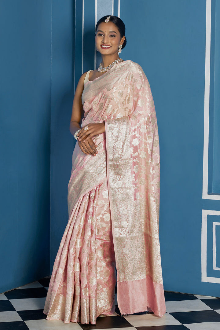 Teejh Viya Light Pink Banarasi Semi Georgette Jaal Weaving Saree