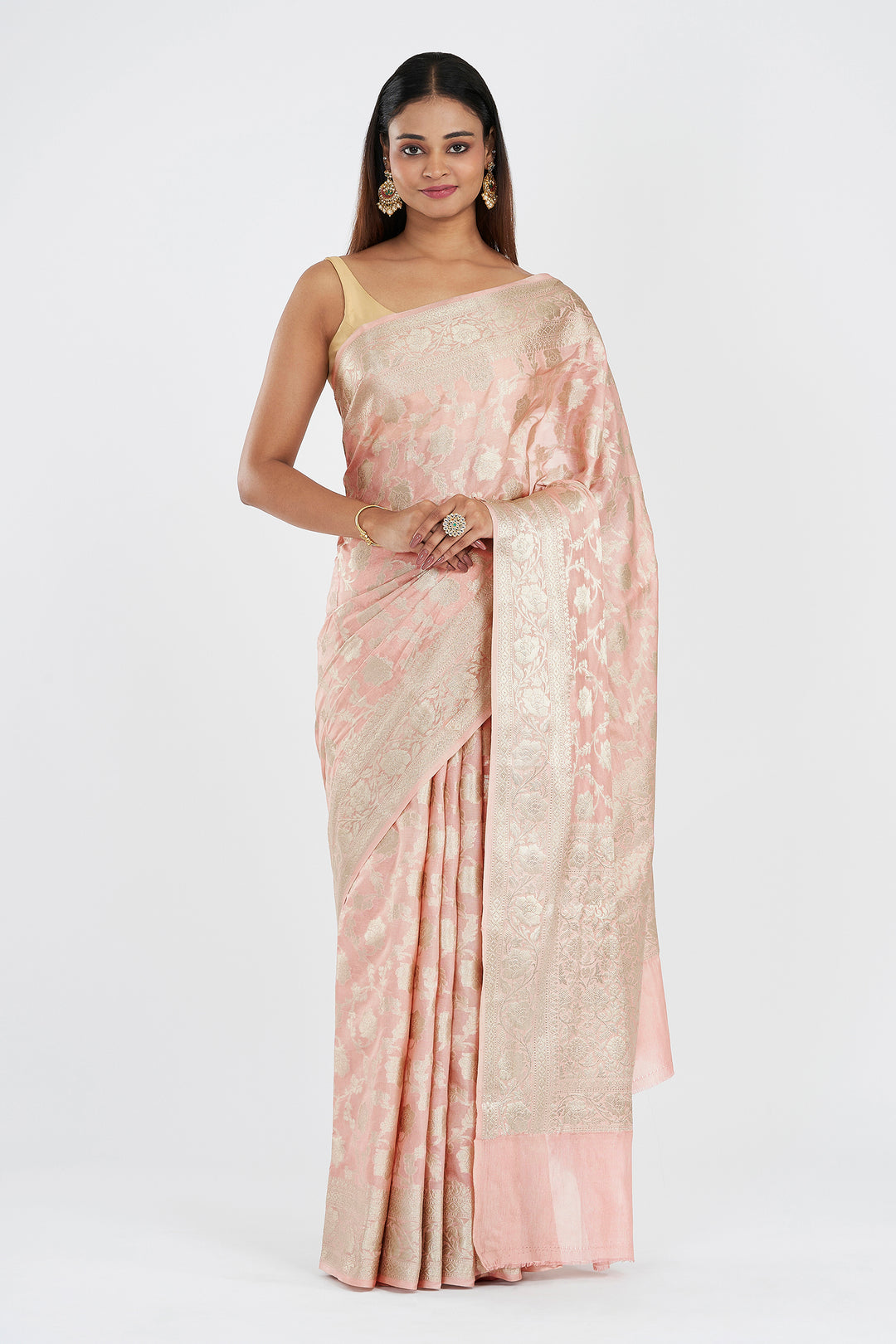 Teejh Viya Light Pink Banarasi Semi Georgette Jaal Weaving Saree