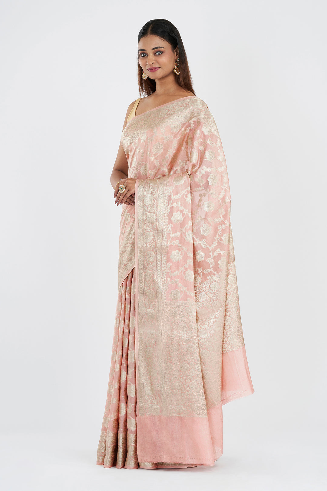 Teejh Viya Light Pink Banarasi Semi Georgette Jaal Weaving Saree