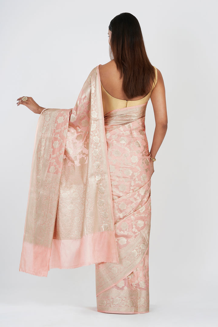Teejh Viya Light Pink Banarasi Semi Georgette Jaal Weaving Saree