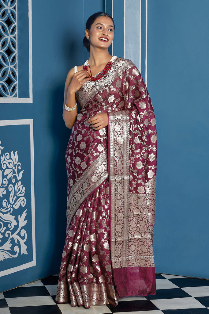 Teejh Sajna Wine Red Banarasi Semi Georgette Jaal Weaving Saree
