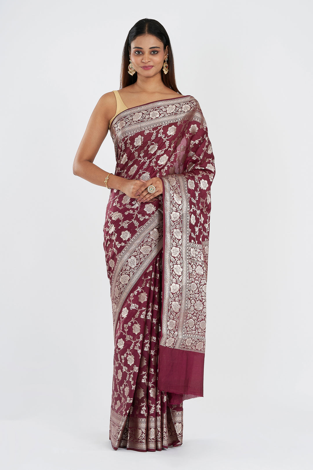 Teejh Sajna Wine Red Banarasi Semi Georgette Jaal Weaving Saree
