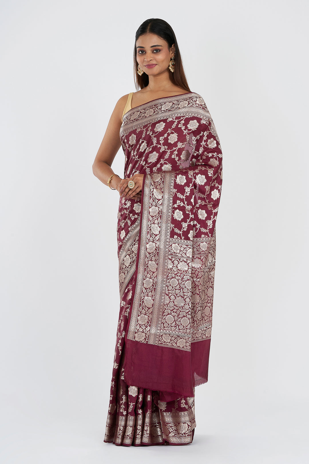 Teejh Sajna Wine Red Banarasi Semi Georgette Jaal Weaving Saree