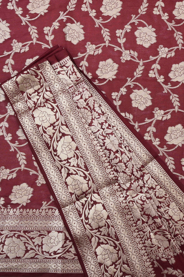 Teejh Sajna Wine Red Banarasi Semi Georgette Jaal Weaving Saree