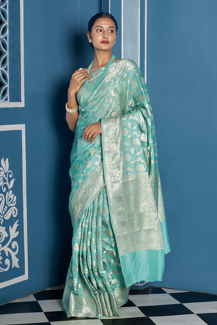 Teejh Radhya Sea Green Banarasi Semi Georgette Jaal Weaving Saree