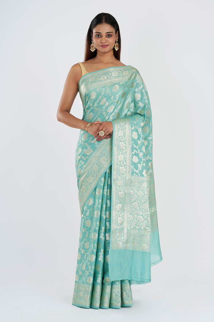 Teejh Radhya Sea Green Banarasi Semi Georgette Jaal Weaving Saree