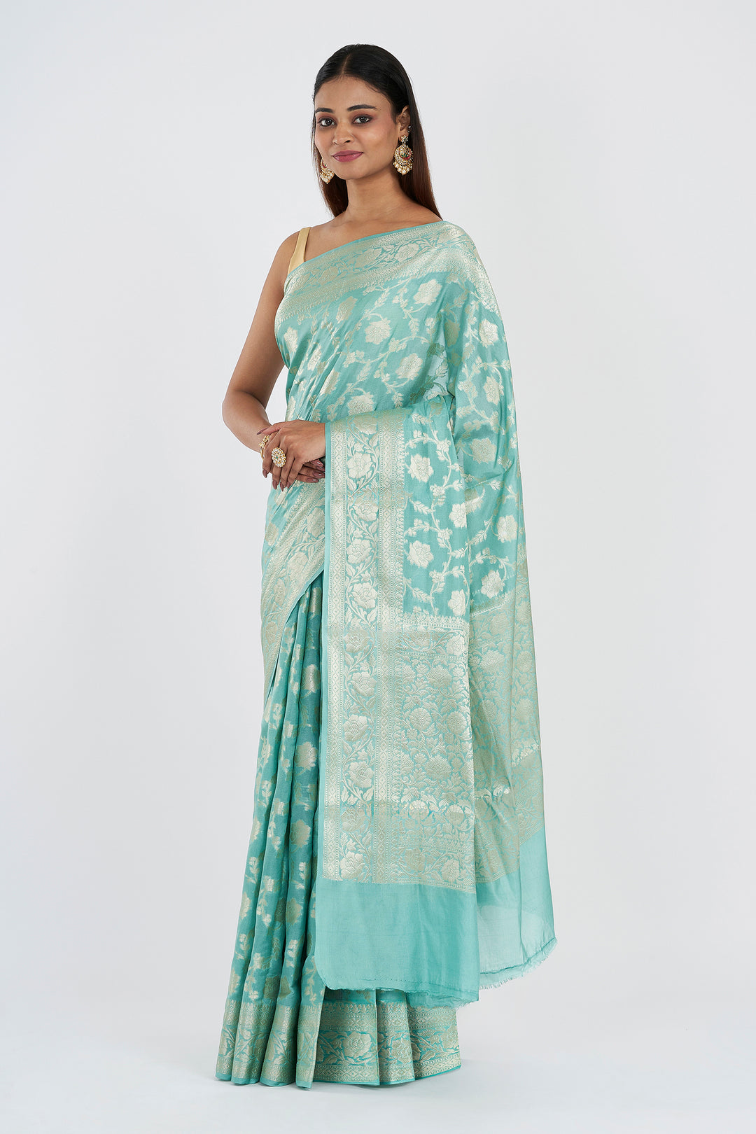 Teejh Radhya Sea Green Banarasi Semi Georgette Jaal Weaving Saree
