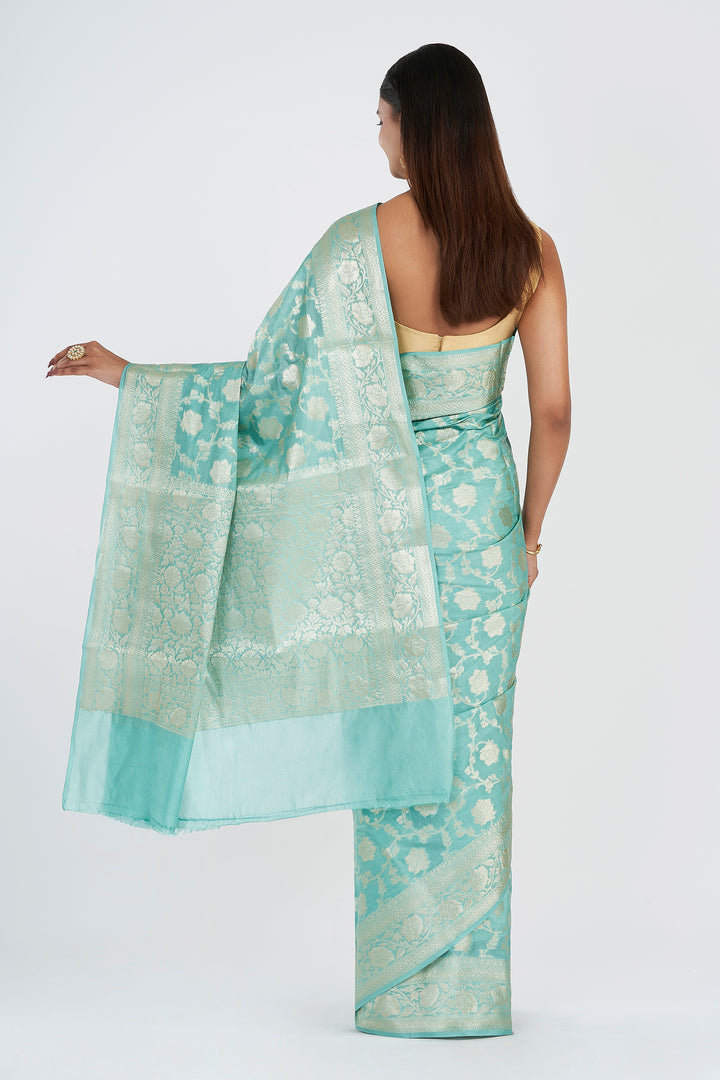 Teejh Radhya Sea Green Banarasi Semi Georgette Jaal Weaving Saree