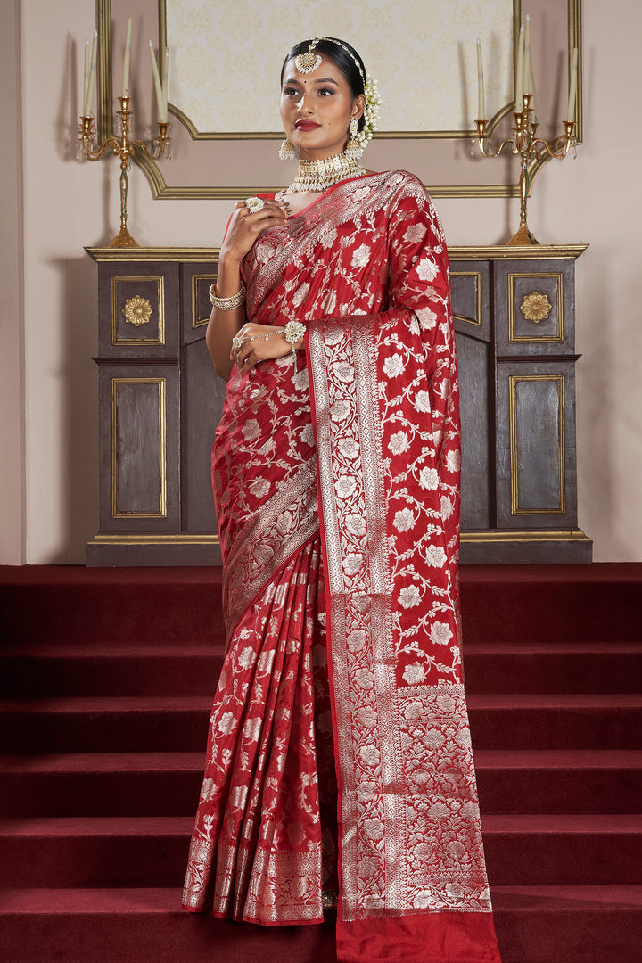 Teejh Vrusthi Red Banarasi Semi Georgette Jaal Weaving Saree