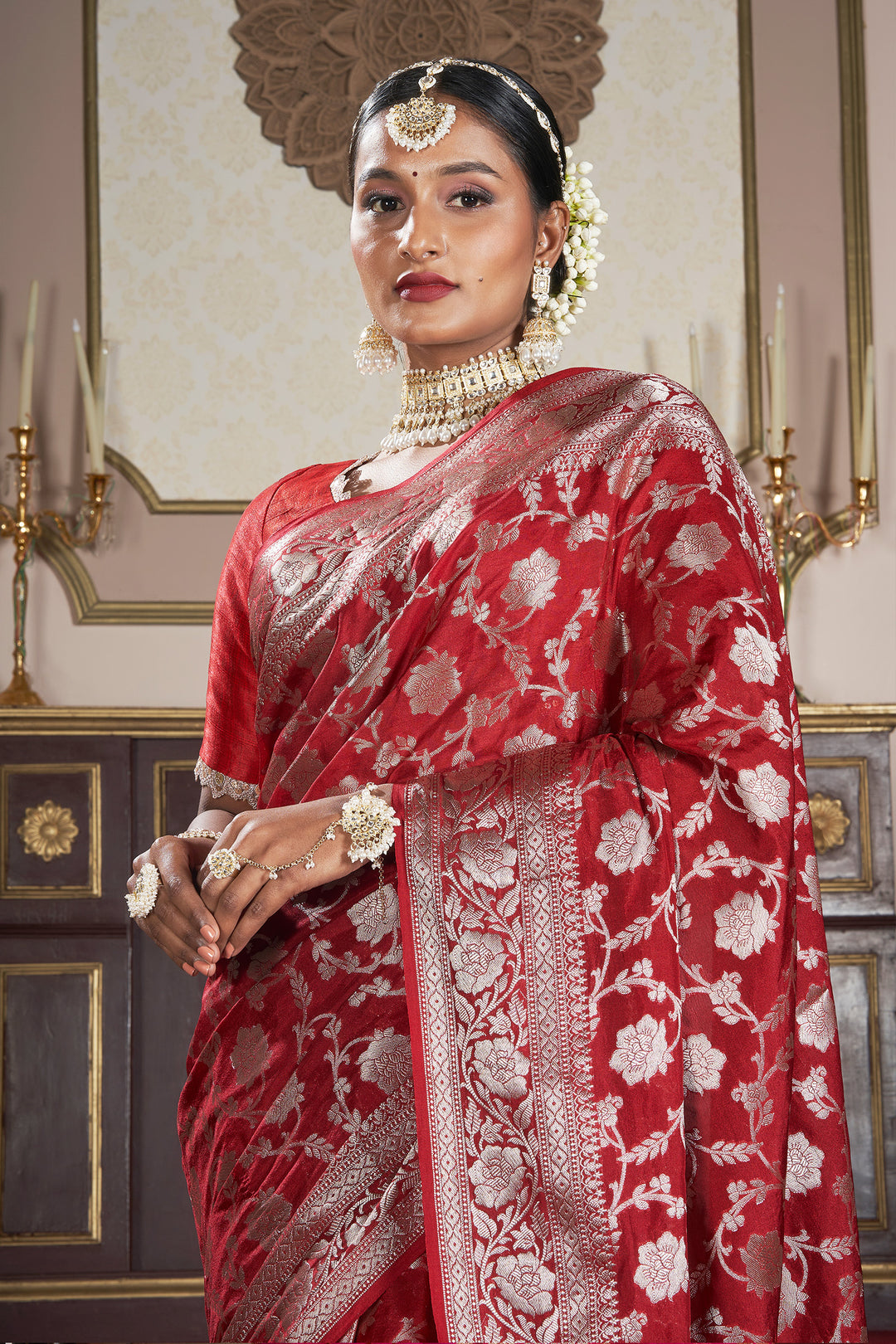 Teejh Vrusthi Red Banarasi Semi Georgette Jaal Weaving Saree