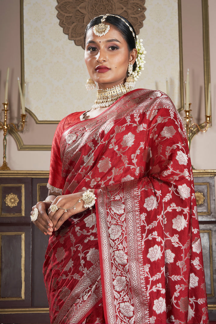 Teejh Vrusthi Red Banarasi Semi Georgette Jaal Weaving Saree