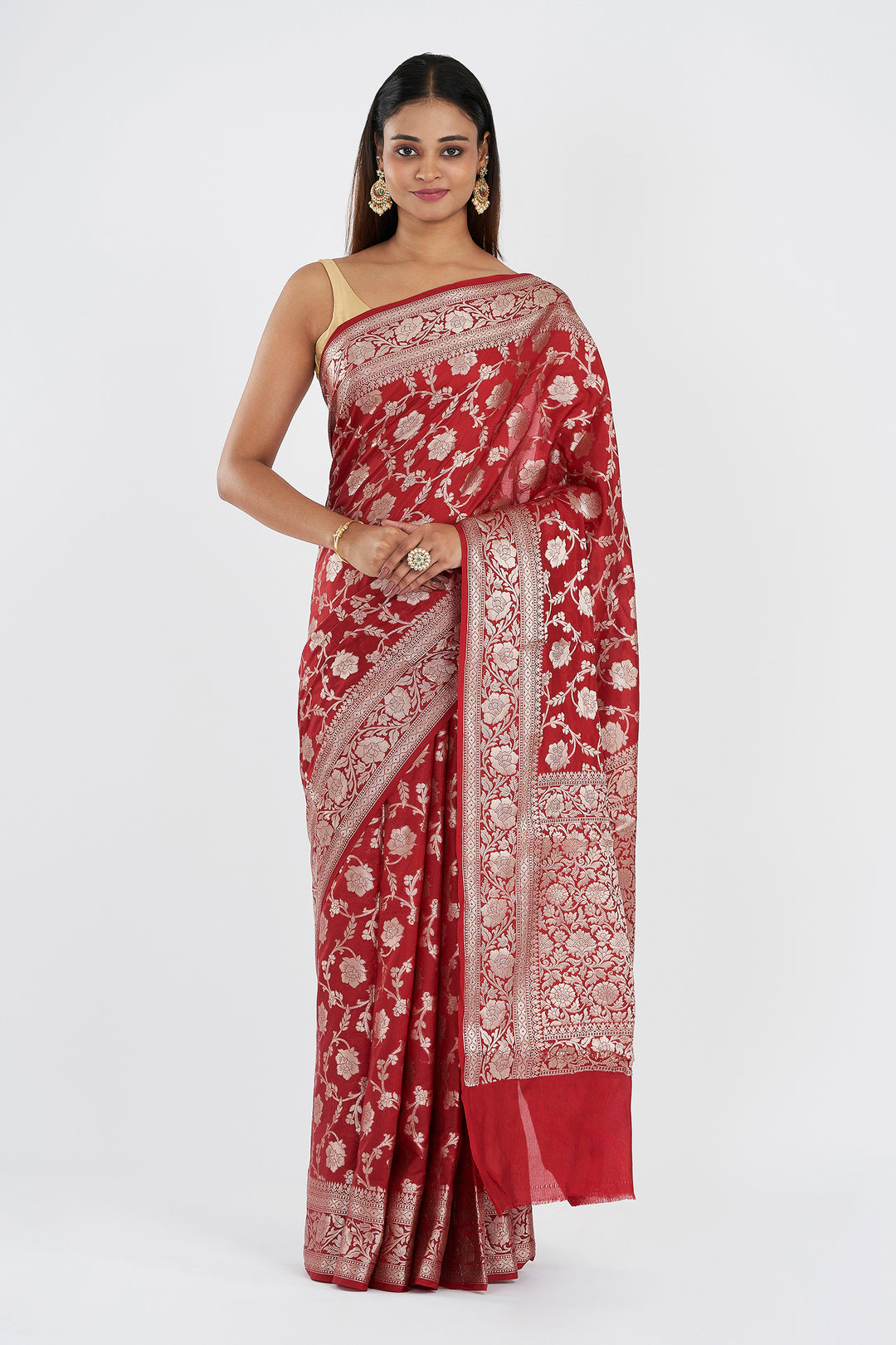 Teejh Vrusthi Red Banarasi Semi Georgette Jaal Weaving Saree