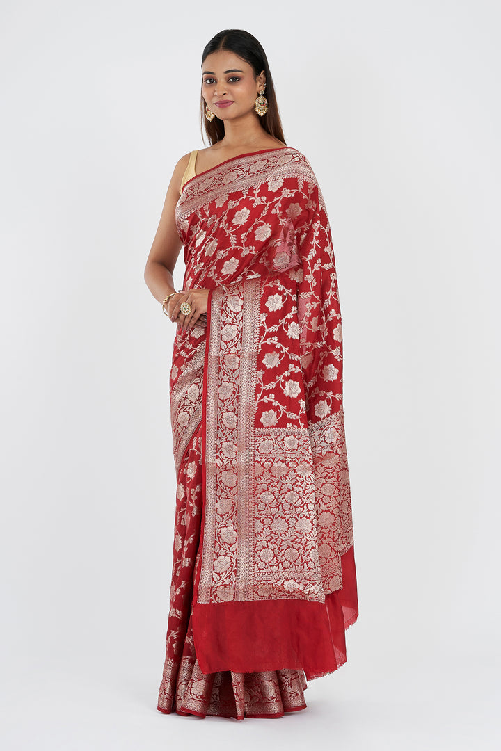 Teejh Vrusthi Red Banarasi Semi Georgette Jaal Weaving Saree