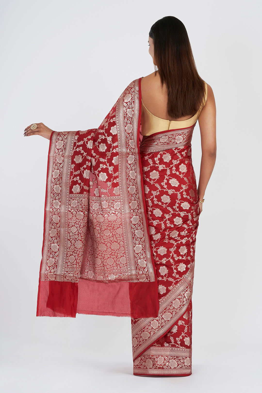 Teejh Vrusthi Red Banarasi Semi Georgette Jaal Weaving Saree