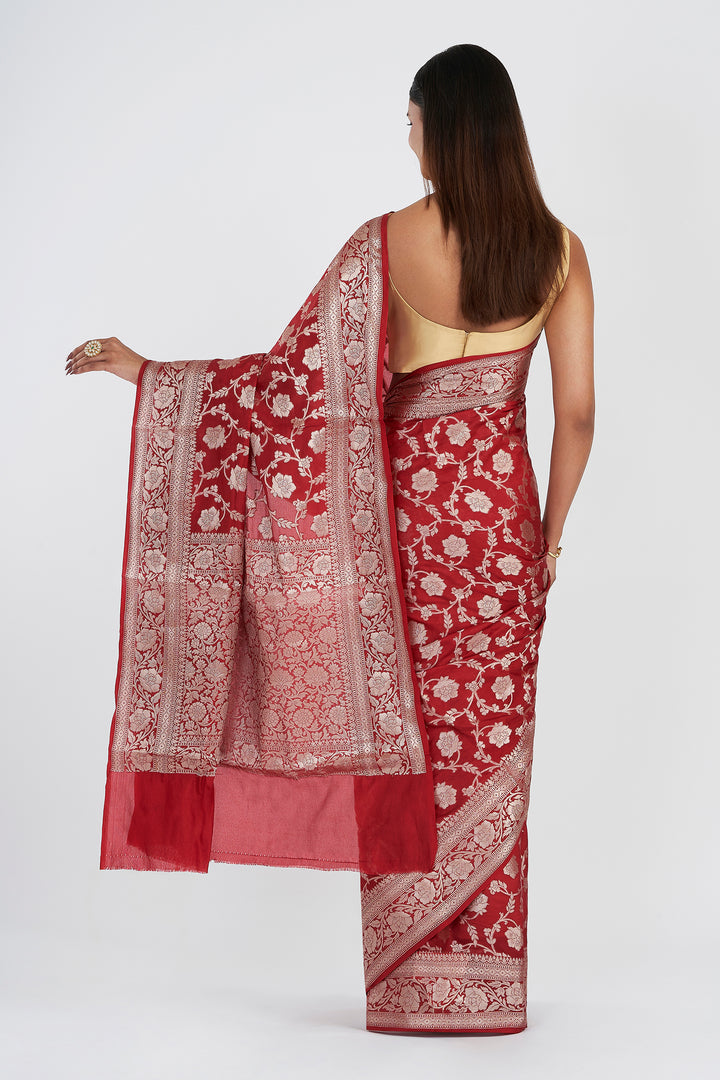 Teejh Vrusthi Red Banarasi Semi Georgette Jaal Weaving Saree