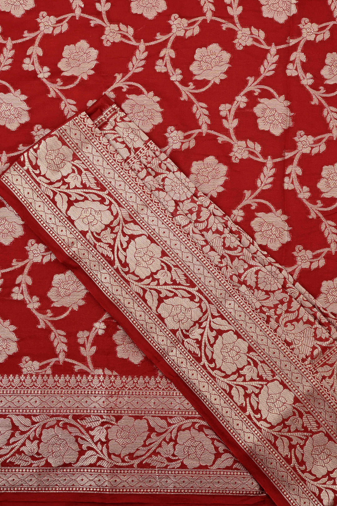 Teejh Vrusthi Red Banarasi Semi Georgette Jaal Weaving Saree
