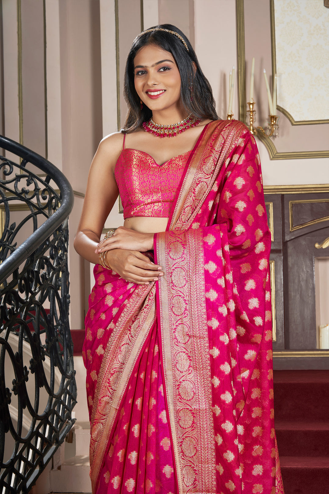Teejh Yaasve Fuschia Pink Chiffon Silk Saree
