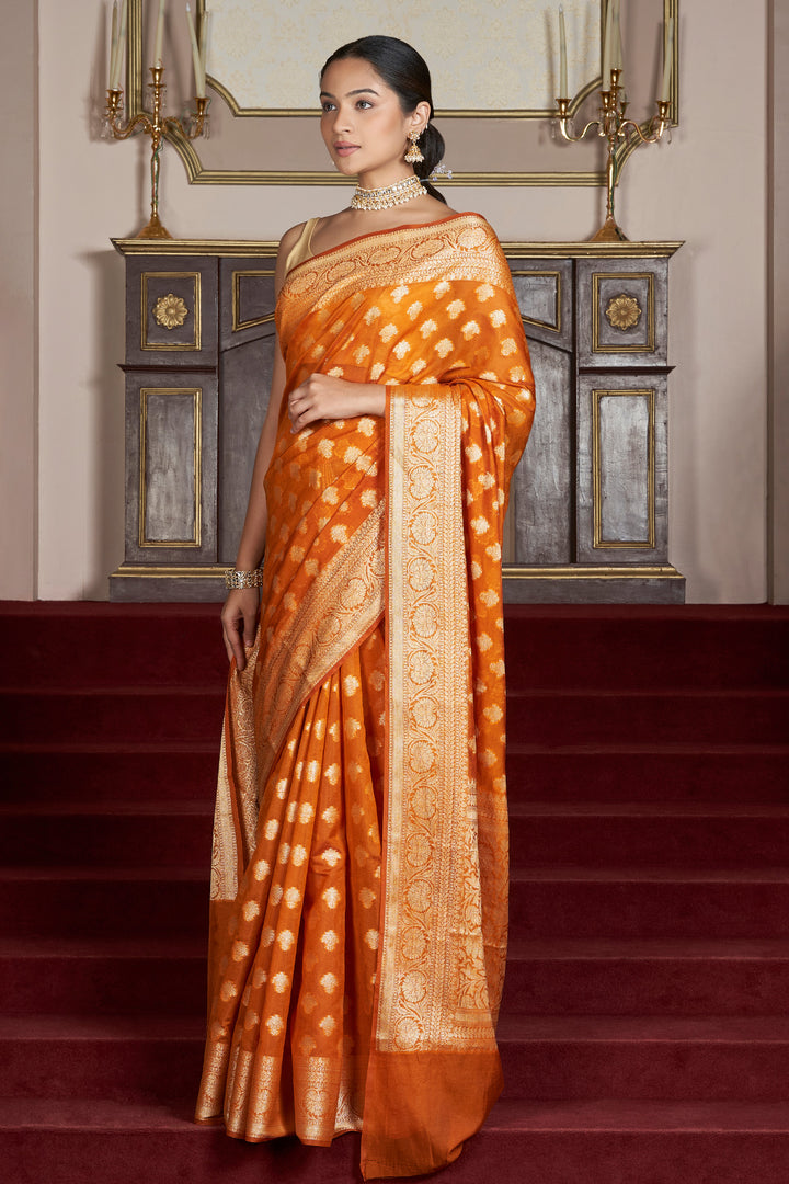 Teejh Asmita Mustard Yellow Banarasi Chiffon Silk Saree