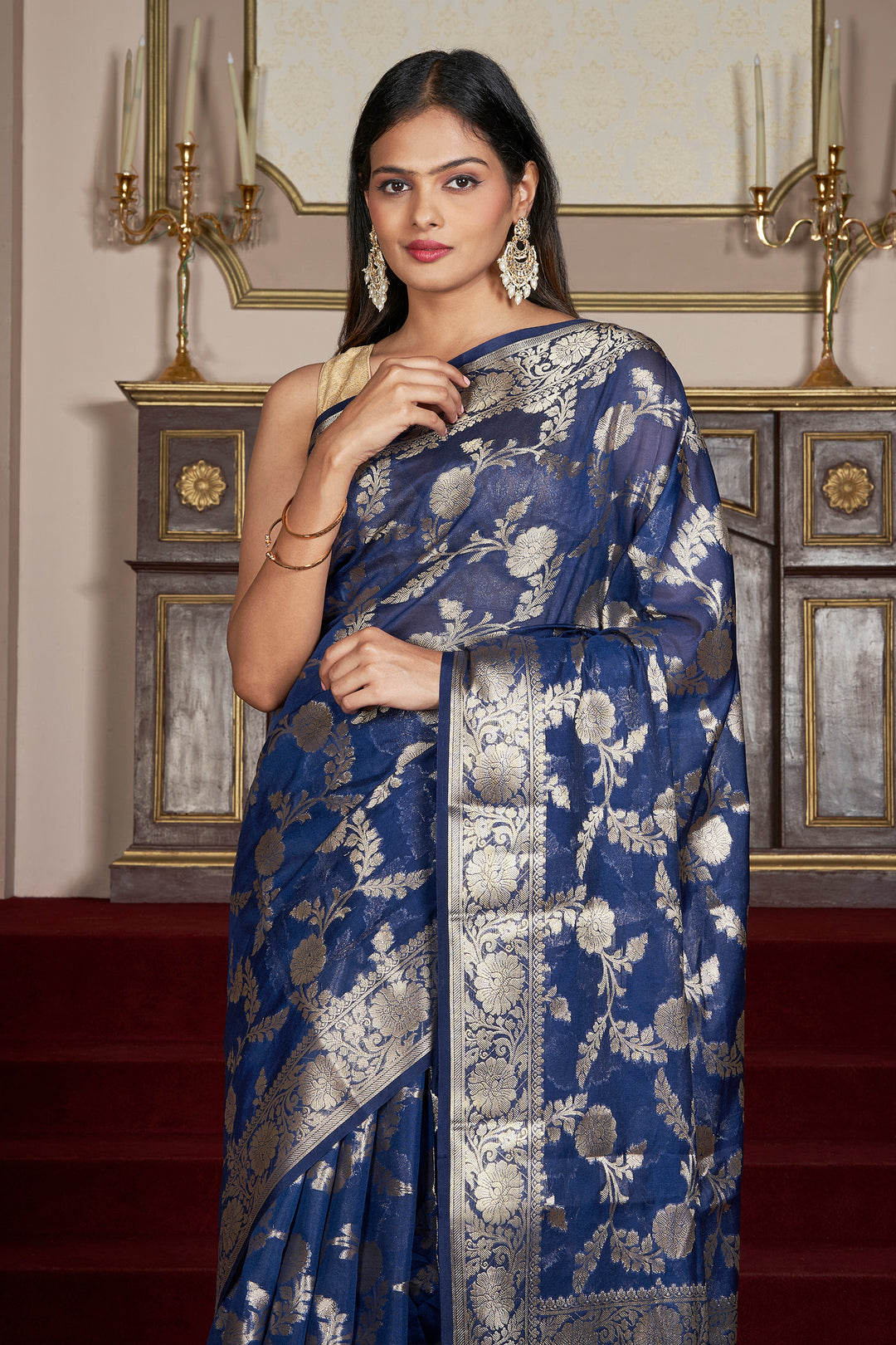 Teejh Shavya Navy Blue Banarasi Semi Georgette Silk Saree