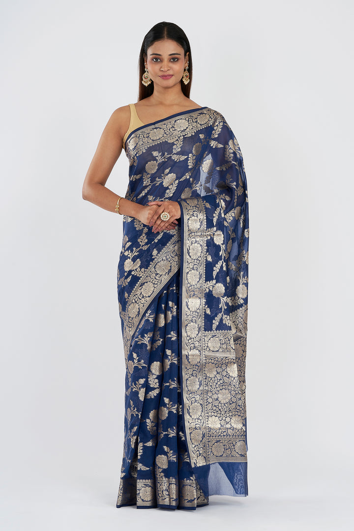 Teejh Shavya Navy Blue Banarasi Semi Georgette Silk Saree
