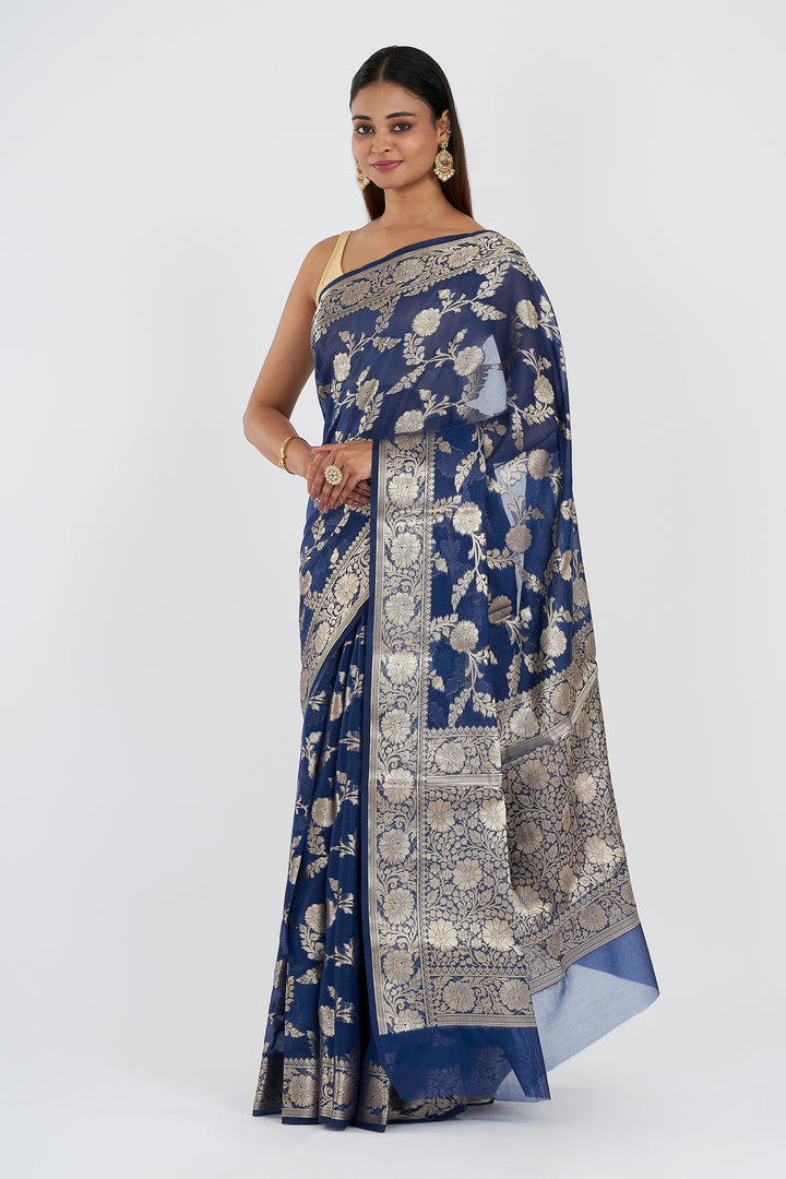 Teejh Shavya Navy Blue Banarasi Semi Georgette Silk Saree