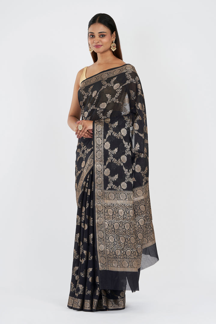 Teejh Jahnavi Black Banarasi Semi Georgette Silk Saree
