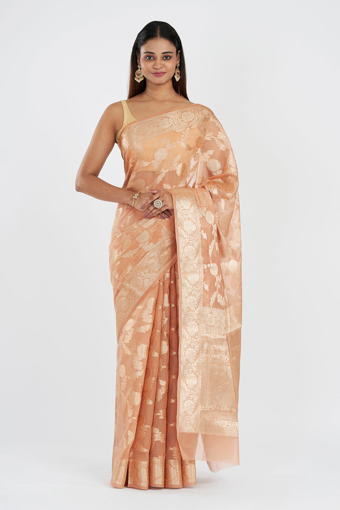 Teejh Divina Light Peach Banarasi Semi Georgette Silk Saree